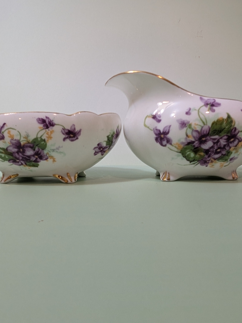 Porcelain Creamer and Sugar Set with Purple Floral Design and Gold Trim